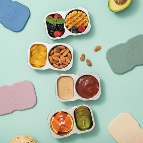 VITEVER 4 Pack Stainless Steel 2-Compartment Snack Containers with Lids, Reusable Snack Pack Containers, Lunch Box Accessories,Double Compartment Salad Dressing Containers to Go, 5.3oz