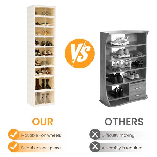 Tykacna Foldable Shoe Organizer Storage Box, Portable Extra Large Folding Shoe Rack for Closet, Shoe Storage Box with Magnetic Transparent Door and Wheels, 9 Layers 18 Grids with 4 Big Grids