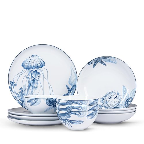 Minh Long 12-PCS Porcelain Coastal Dinnerware Set, Plates, Bowls, Service for 4, Chip & Scratch Resistant, Oven Safe up to 482°F, Non toxic, Lead & Cadmium Free, Stackable, Dishwasher & Microwave Safe