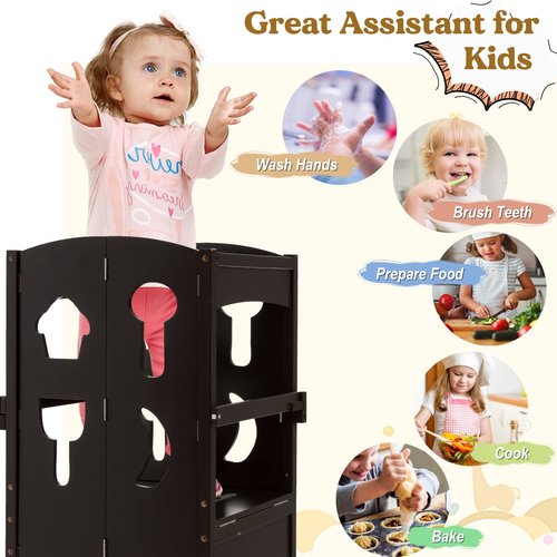 Costzon Toddler Tower, Foldable Kids Kitchen Step Stool w/Safety Rail, Height Adjustable Wood Standing Tower for Toddlers, Montessori Child Tower for Bathroom, Kitchen Counter