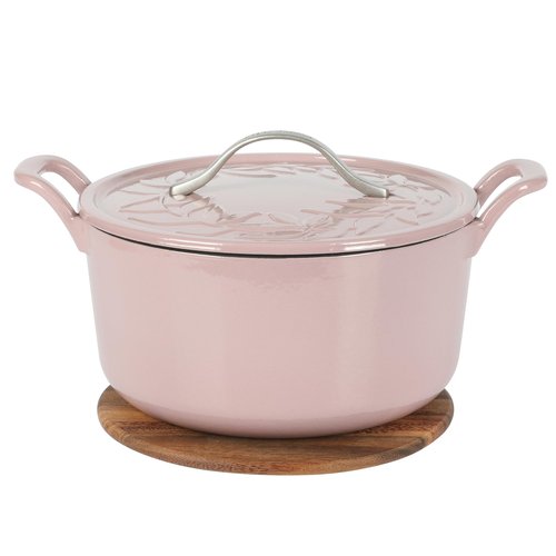 Bloomhouse 7 Qt Cast Iron Dutch Oven W/Embossed Lid, European Enamel, & Walnut Wood Trivet - Orchid Pink