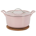 Bloomhouse 7 Qt Cast Iron Dutch Oven W/Embossed Lid, European Enamel, & Walnut Wood Trivet - Orchid Pink