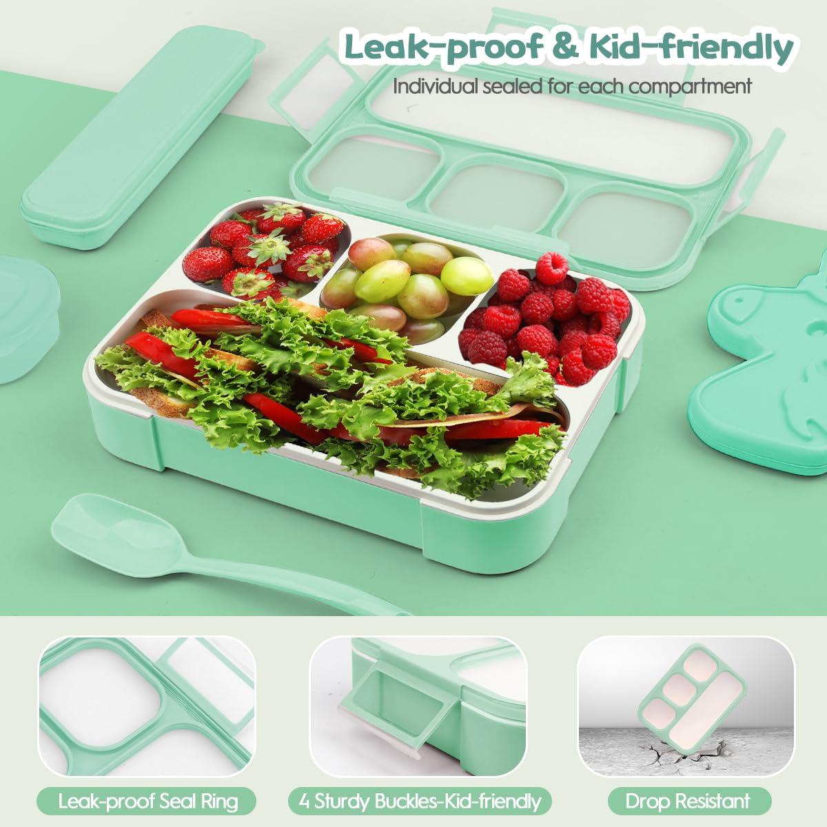 30Pcs Bento Box for Girls,Insulated Unique Lunch Bag Set 4 Compartments Lunch Box with Accessories Ice Pack Water Bottle Silicon Cap Spoon Fork Salad Container for Lunch Kids School Supplie,Green