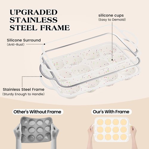 AOTASO 3 Pcs Silicone Baking Pan Set - Including 1 Pc Mini Loaf Pan, Standard Muffin Pan and Mini Muffin Pan - Silicone Cupcake Molds With Metal Reinforced Frame (Cream)