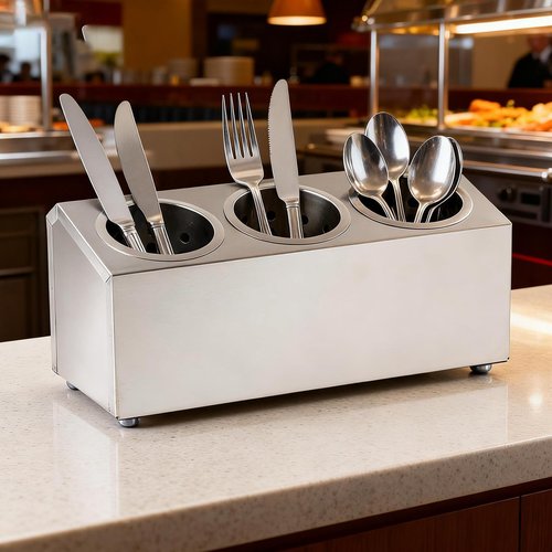 YinCukiEle 3 Compartments Commercial Utensil Holder, Stainless Steel Cylinder Flatware Silverware Utensil Holder Organizer Caddy, Silverware Organizer Countertop, 3 Perforated Cylinders