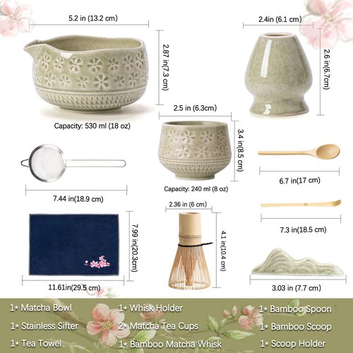 Buucup Matcha Whisk Set, 10 Pcs Matcha Set Includes Matcha Bowl, 2 Cups, Matcha Whisk and Holder, Bamboo Scoop and Spoon, Scoop Rest, Sifter and Tea Towel, Complete Matcha Kit (Mottled Green)