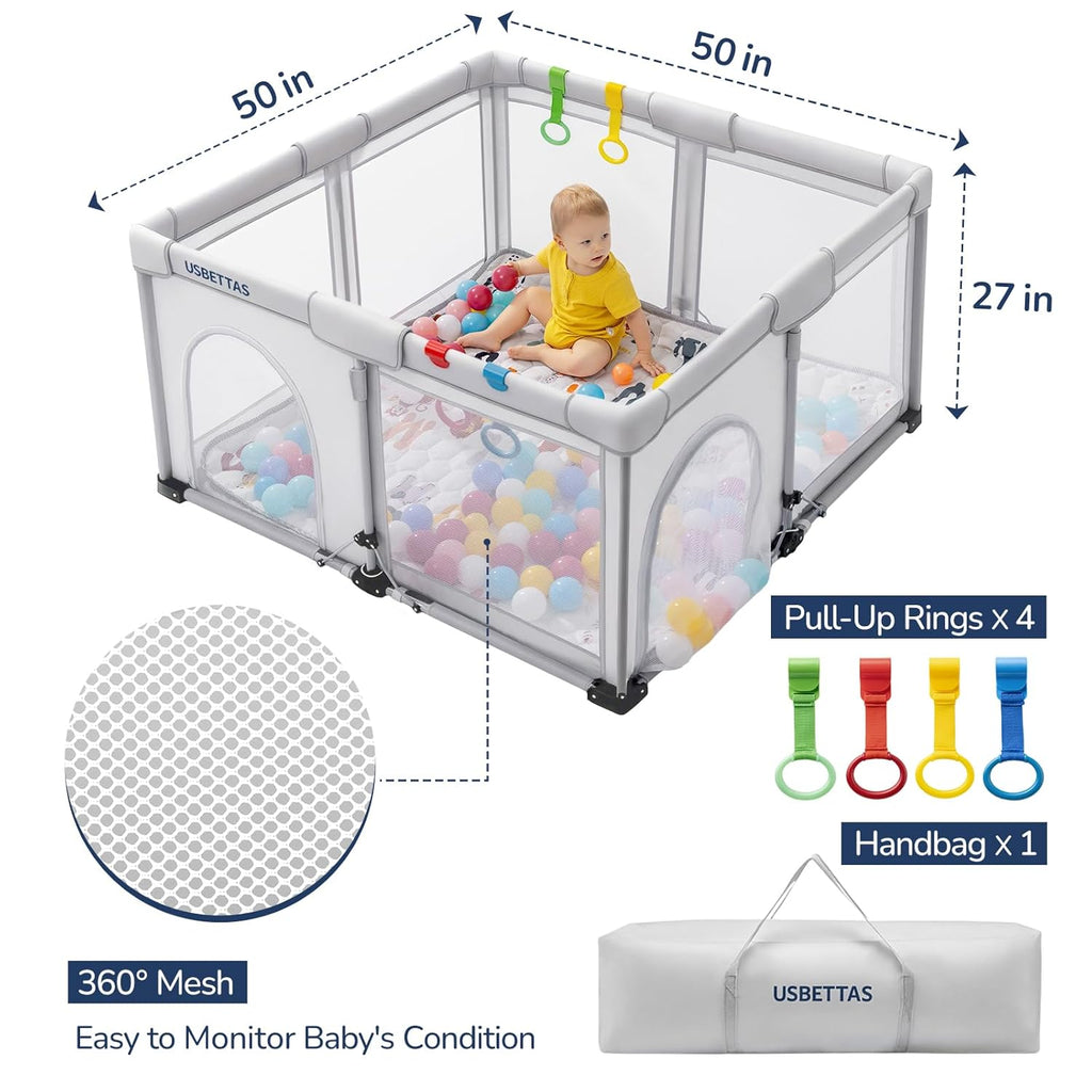 Skiennix Foldable Baby Playpen - Lightweight Portable Design with 1-Minute Setup | 50"x50" Light Gray Indoor/Outdoor Safety Yard