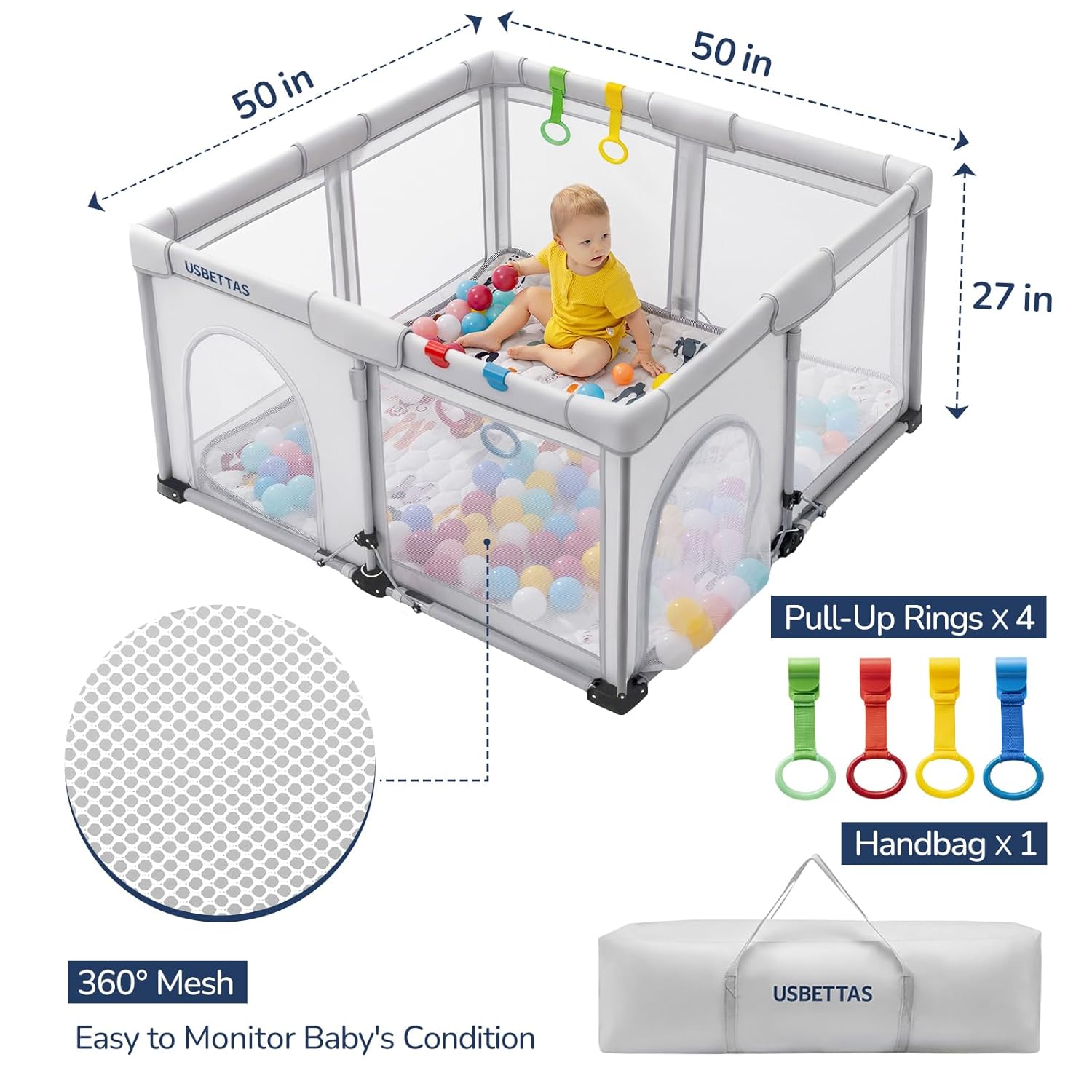 Skiennix Foldable Baby Playpen - Lightweight Portable Design with 1-Minute Setup | 50"x50" Light Gray Indoor/Outdoor Safety Yard