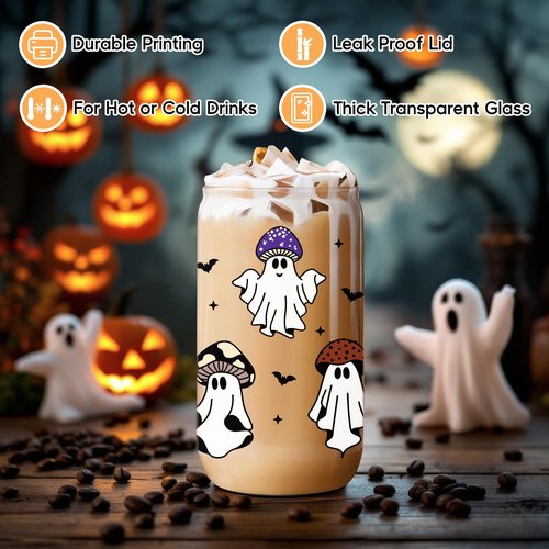 Fairy's Gift Ghost Mushroom Halloween Cup, Spooky Mushroom Ghost Iced Coffee Glass Tumbler, 16 oz Cute Cups with Lids Straws, Boo Basket Stuffers, Spooky Halloween Gifts for Women Teens, Fungi Lovers