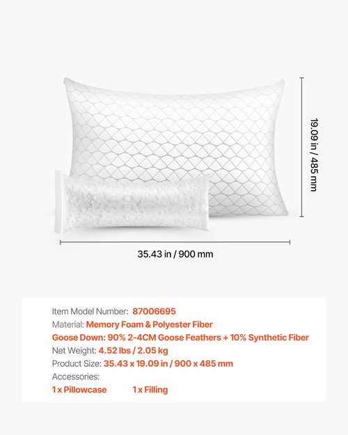 VEVOR Sleeping King Size Luxury Quality Hotel Pillow with Memory Foam Fill, Supportive & Adjustable, Includes Natural Firber Pillowcase, Bedding for Back, Stomach and Side Sleepers, White