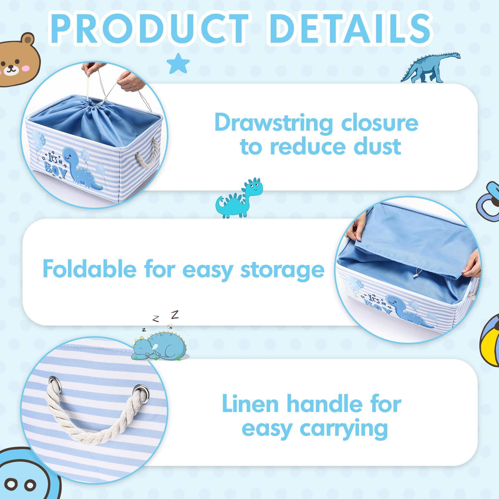 Tiangrid Nursery Storage Dinosaur Baby Storage Basket for Baby Shower Dinosaur Basket with Drawstring Closure 15.75 x 11.81 x 8.27 Inches Collapsible Gift Bin for Diaper Toy Nursery Room