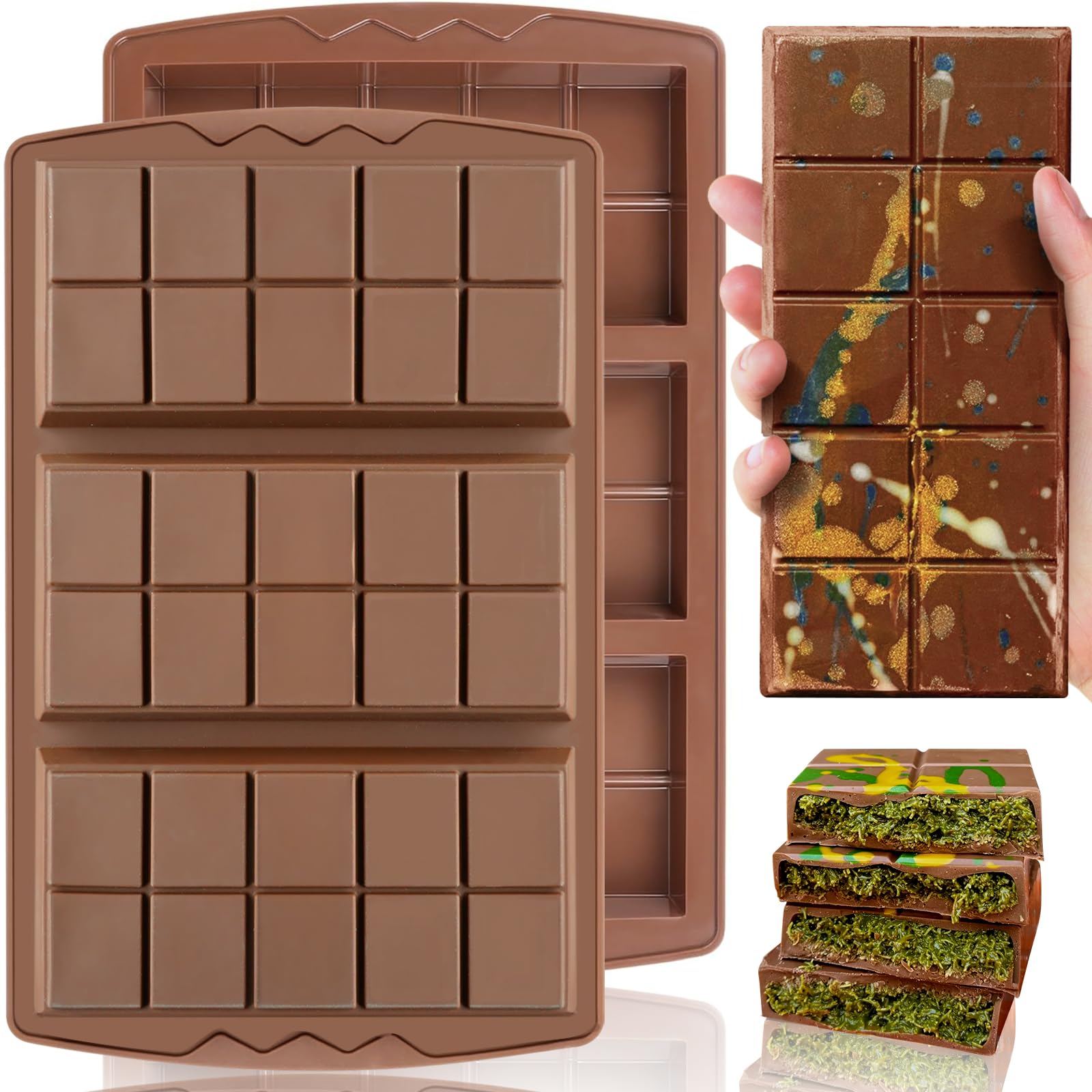HKNMTT Chocolate Bar Mold Silicone 2PCS, Large Stuffed Dubai Pistachio Deep Bar Moulds Kit 0.85 Inch Thick Big, Ideal for Homemade Making Candy Bar Bpa Free DIY