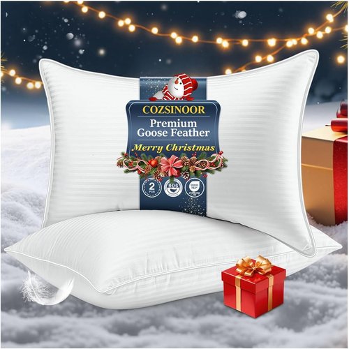 COZSINOOR Goose Down Feather Pillows - Queen Size Hotel Bed Pillows, Soft 600 TC Cotton Cover, Set of 2 for All Sleep Positions