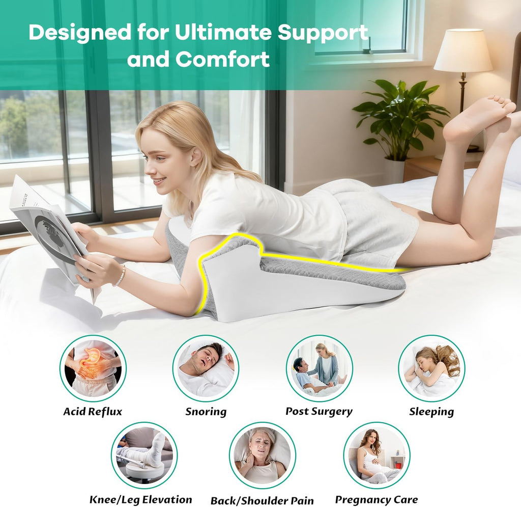 Skiennix Bed Wedge Pillow - Ergonomic Memory Foam Support for Sleep Apnea & Reading - Grey