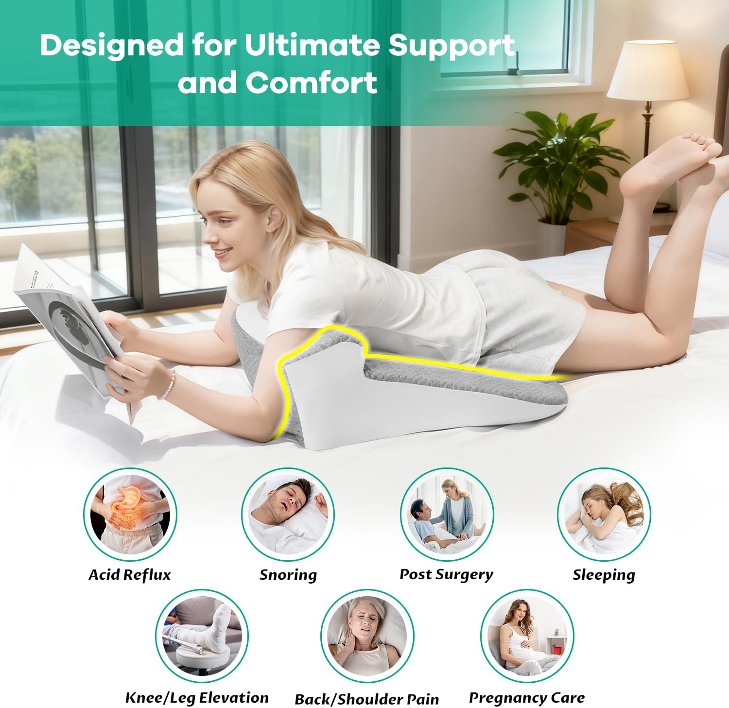 Skiennix Bed Wedge Pillow - Ergonomic Memory Foam Support for Sleep Apnea & Reading - Grey