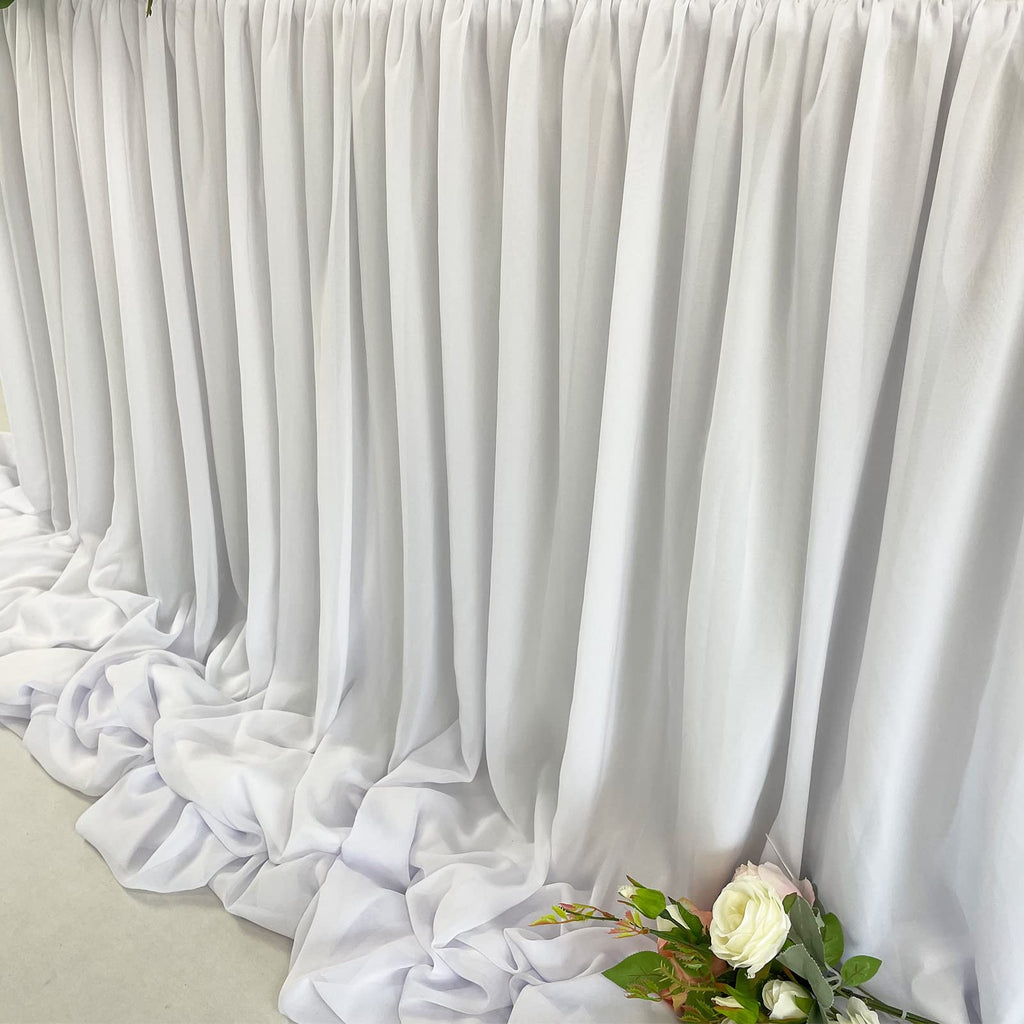 Pooling and Floating Chiffon Table Skirt with extra length, 6FT 9FT 14FT Sheer Tablecloth, Baby Shower, Birthdays Party, Main Cake Table Decoration, Wdding Table Skirt (White, 14FT)