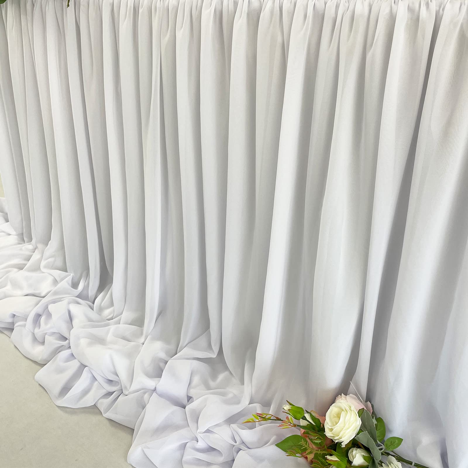 Pooling and Floating Chiffon Table Skirt with extra length, 6FT 9FT 14FT Sheer Tablecloth, Baby Shower, Birthdays Party, Main Cake Table Decoration, Wdding Table Skirt (White, 14FT)