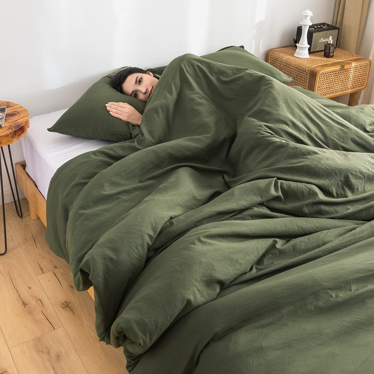 COTTEBED Ultra-Soft King Bedding Comforter Sets Bed, All Season Use Light Weight with Warm Fluffy Washed Cotton Microfiber,1 Bed Blanket Comforter & 2 PillowSham(King/California King Dark Olive Green
