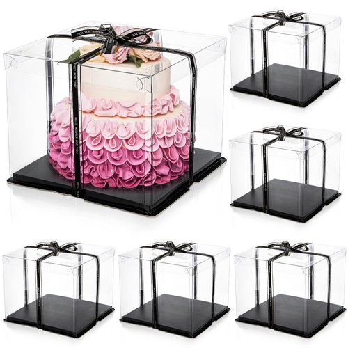 Cididu 6 Pack Large Clear Cake Box with Ribbon, Tall Cake Box Carrier 12x12x10 Inch, Tiered Transparent Cake Packaging Boxes with Lid and Board, PET Clear Gift Containers for Birthday Wedding Party