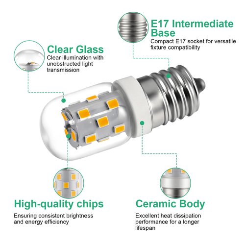 KEIVO LED Microwave Light Bulbs Under Hood, 3W 380LM, E17 LED Bulb Dimmable, Neutral White 4000K, 40W Equivalent LED Appliance Bulb for Over Stove, 2-Pack