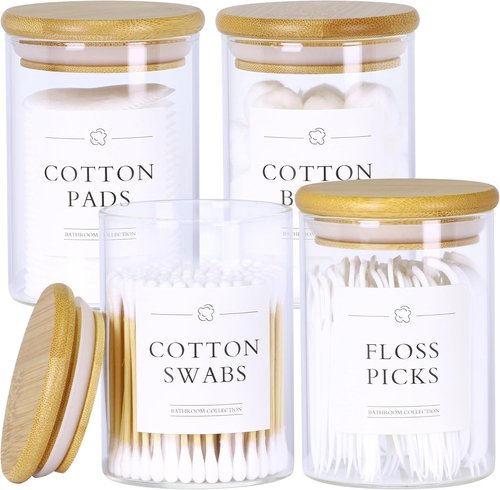 INIUNIK Qtip Holder Dispenser - 4 Pack Glass Apothecary Jars with Lids for Bathroom Organization