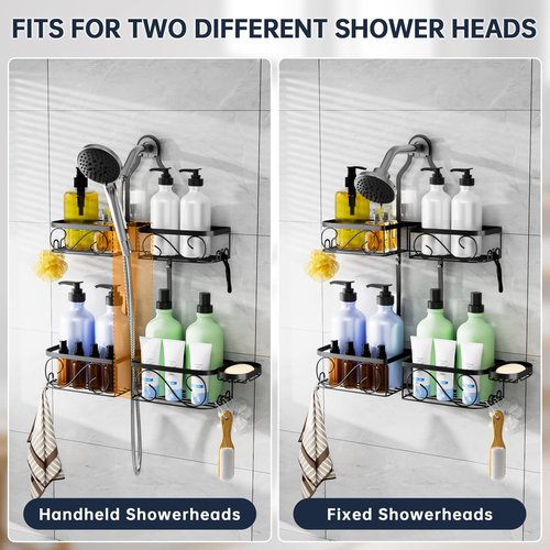 Kadolina Shower Caddy Hanging for Handheld Showerheads, Rustproof Stainless Steel Shower Organizer, Large-Capacity Bathroom Organizer Rack with Soap Dish and Hooks for Razor/Sponge, Black