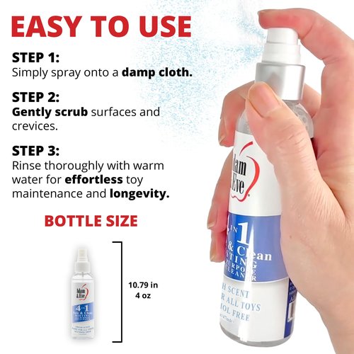 Adam & Eve Sex Toy Cleaner, 4 In 1 Pure And Clean Misting Spray, Fast Acting Misting Spray For Adult Toys, Vibrators, Dildos, Fresh Scent, Water Based Formula Perfect for Gifting, No Residue, 4 oz