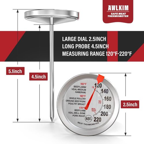 AWLKIM Stainless Steel Meat Thermometer - Safe Leave-In Oven Design | 2.5-Inch Extra-Large Dial for Cooking, Baking, Steak, Turkey - Silver