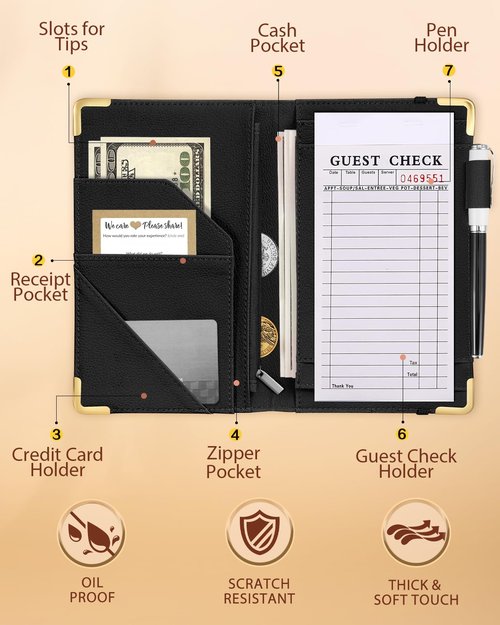 Slohif Server Book for Waitress Cute Serving Books with Zipper Pocket Accessories Leather Server Check Book Restaurant Waiter Server Booklet Organizer Ticket Book Holder Lip