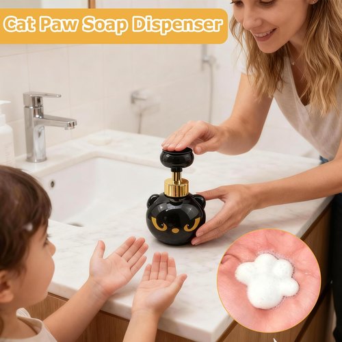 GDGJWL Cute Cat Paw Foam Soap Dispenser, Black Kitty Hand Soap Pump with Paw-Shaped Foam, Spooky Cat Lover Gift for Bathroom and Kitchen Home Accessories