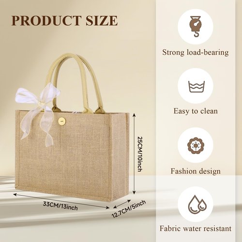10pcs Burlap Tote Bag Set with Handles, Reusable Grocery Bags with Ribbon 13 x 9.5 x 4.7 Inch Waterproof Natural Jute Tote for Women Bridesmaid Gift Beach Shopping Wedding Travel DIY Embroidery