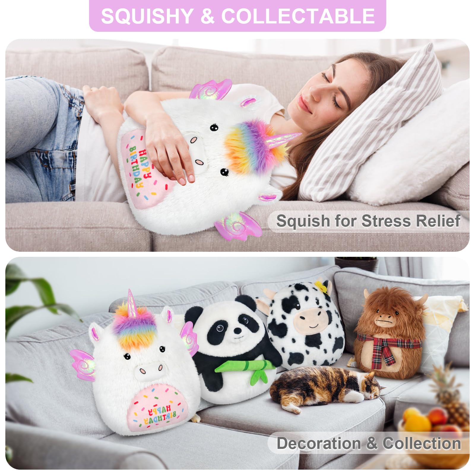SuzziPals 17'' Happy Birthday Unicorn Plush Pillow, Soft & Squishy, White Unicorn Stuffed Animal for Cuddle, Plushie Room Decor, for Girls & Boys
