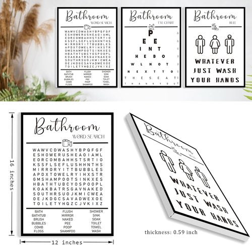 Framed Bathroom Wall Art by [Brand Name] - Funny Black and White Word Search Pee Eye Chart | 12x16 Inches, Set of 3