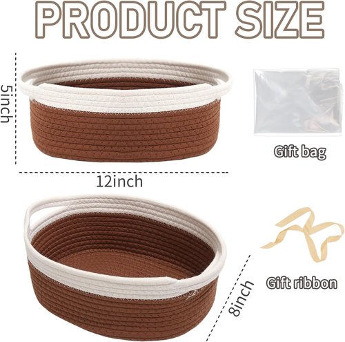 JMvicyroam Woven Basket - Small Rope Storage Bin with Handles for Organizing Shelves & Closets | White & Brown