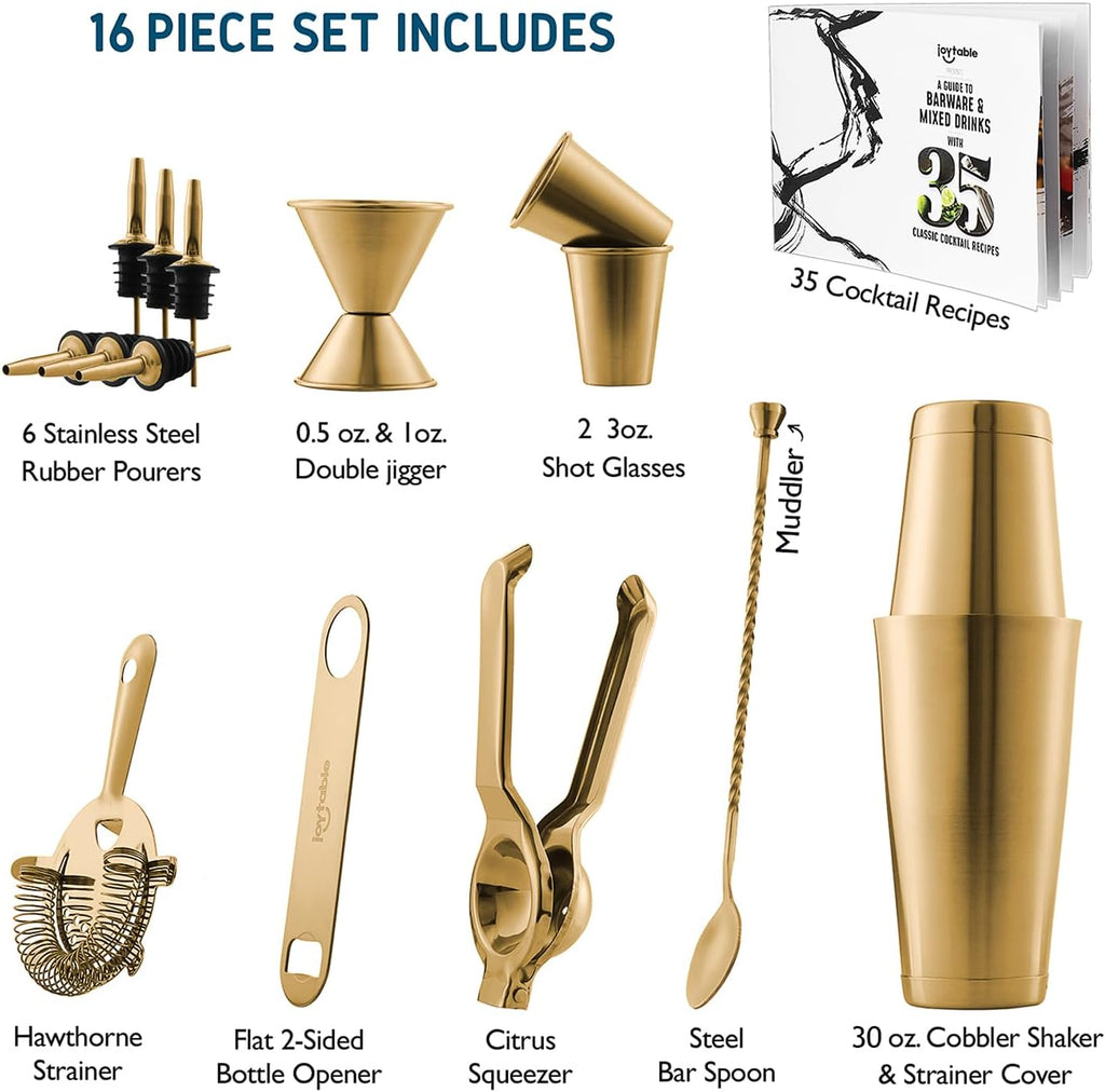 Skiennix 16-Piece Cocktail Shaker Set - Premium Stainless Steel Mixology Kit | Gold Bar Tools & Recipe Book