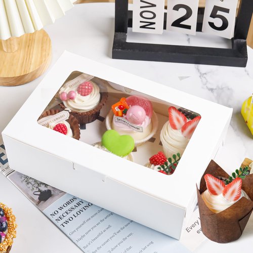 NPLUX 6 Pack Cupcake Boxes with Inserts 6 Holders, White Standard Bakery Boxes with Window Food Grade Cupcake Containers 6 Count for Muffins