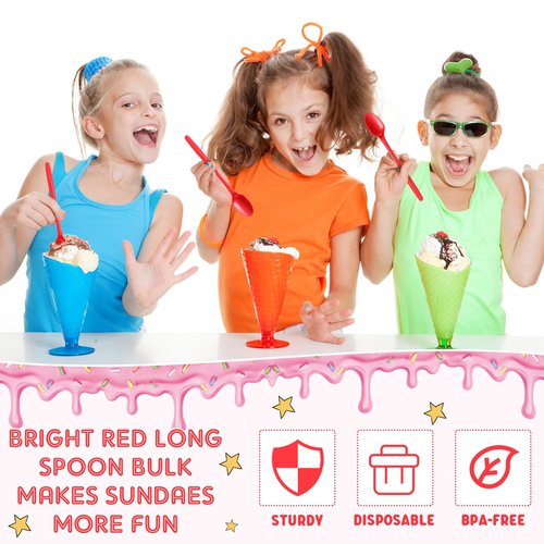 Potchen 1000 Pcs Extra Long Spoons for Ice Cream Floats Plastic Sundae Spoons Bulk 8 Inch Long Handle Spoon Heavy Duty for Ice Cream Milkshakes Tea Cocktails Root Beer Float and Tall Beverages (Red)