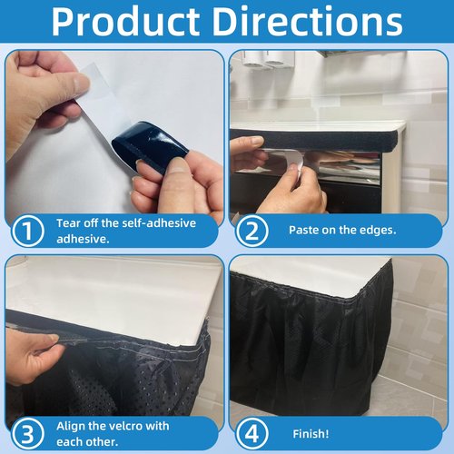 Fabric Sink Skirt Waterproof Self-Adhesive Bathroom Sink Skirt Diamond Stitch Design, 55 x 32 Inches, Adds Under Sink Storage (Black)