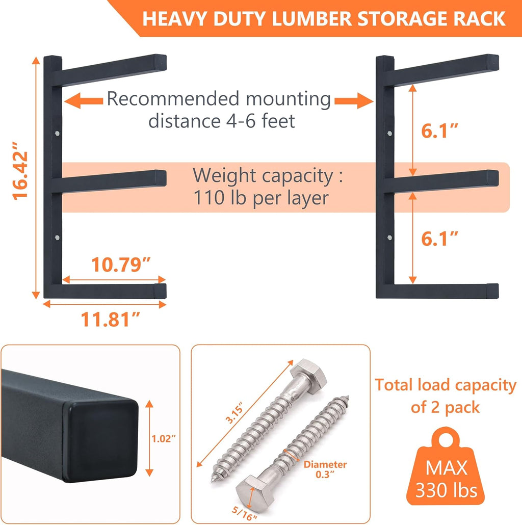 Wood Storage Racks - 3-Level Wall-Mounted Organizer by [Brand Name] | Durable Metal Lumber Shelving (Black - 4 Pack)