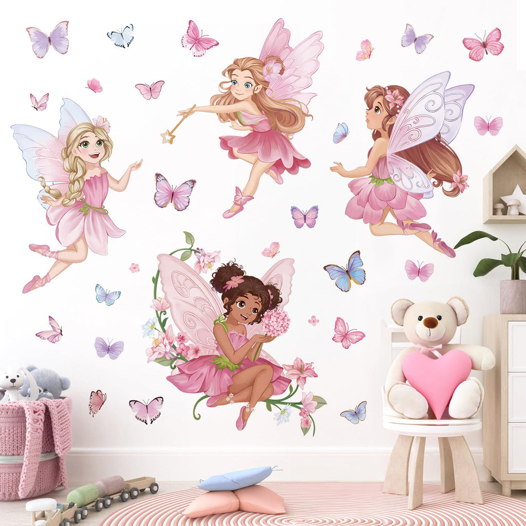 wondever Pink Fairy Girls Wall Stickers Elves Flower Butterfly Peel and Stick Wall Art Decals for Girls Bedroom Baby Nursery Kids Room