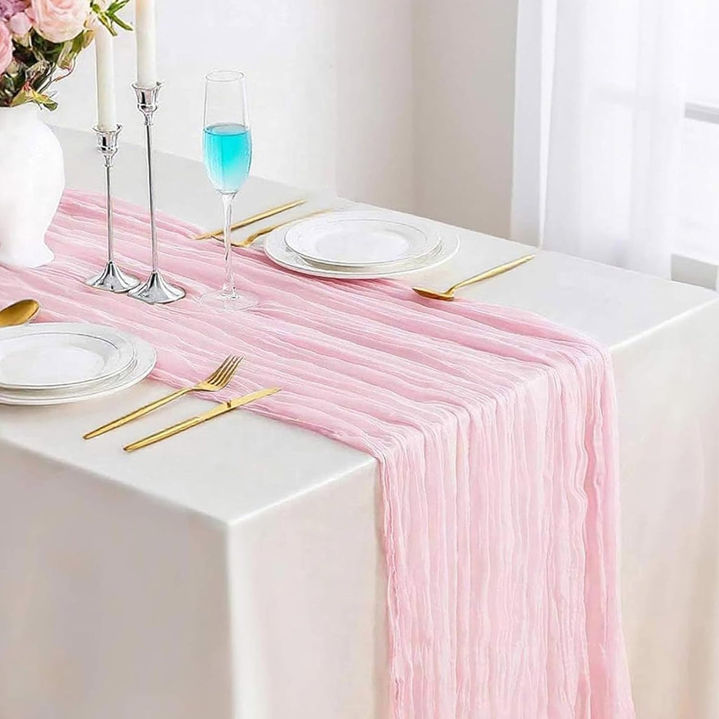 TuTive Light Pink Cheesecloth Table Runner - Boho Sheer Design for Weddings & Events | 13.3FT