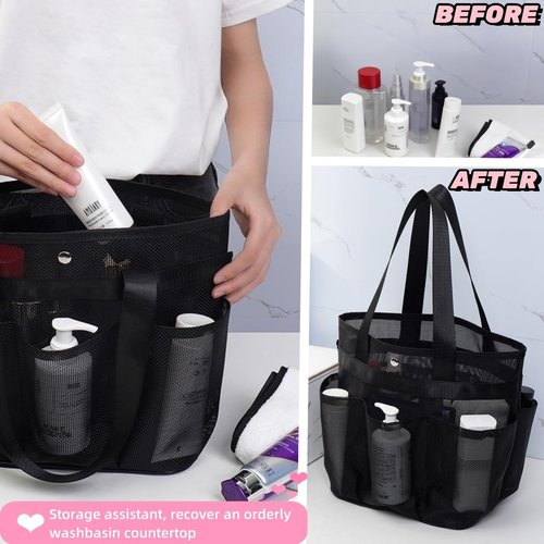 Large Capacity Mesh Shower Caddy for College Dorm Room Essentials with 6 Deeper Pockets, Shower Bag for Toiletry, Portable Hanging Tote Bag with 2 Handles for Bathroom, Beach
