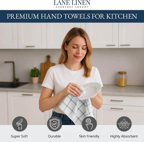 LANE LINEN Cotton Kitchen Towels Set - Absorbent & Quick-Drying Dish Cloths, 6-Pack, 18" x 28", Soft Grey