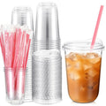 Ziliny 50 Sets Clear Plastic Cups with Heart Shaped Pink Straws and Strawless Lids Disposable Round Bottom PET Cups for Iced Coffee Cold Beverage Party Wedding Bridal Shower (Clear,16 oz)
