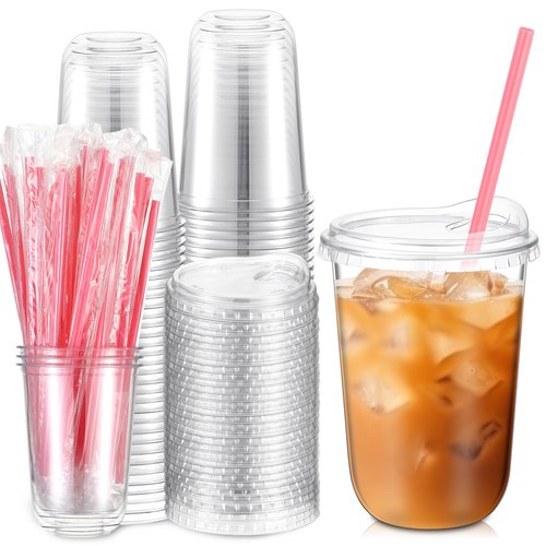 Ziliny 50 Sets Clear Plastic Cups with Heart Shaped Pink Straws and Strawless Lids Disposable Round Bottom PET Cups for Iced Coffee Cold Beverage Party Wedding Bridal Shower (Clear,16 oz)