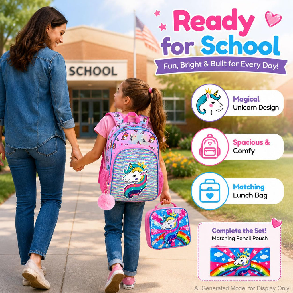 AGSDON 3PCS Unicorn Backpack for Girls, 16" Little Kids Sequin Preschool School Bookbag and Lunch Box