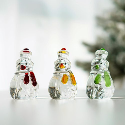 KRISININE Set of 3 Glass Snowman Figurine 1.6''*4.2'' Handmade Snowman Christmas Decorations Indoor for Home Winter Holiday Glass Paperweight Office Table Decor