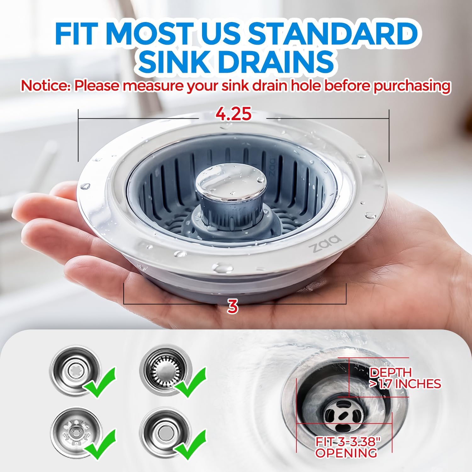 Regine Switzerland Sink Drain Strainer - 3-in-1 Anti-Clogging Kitchen Stopper for 3.5'' Sink Hole | Silver