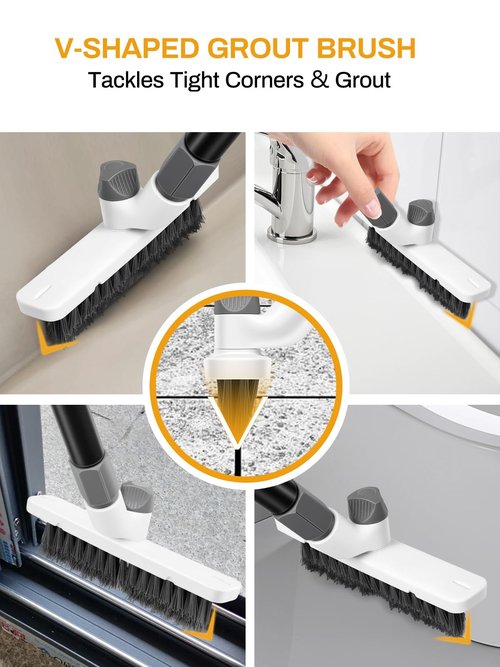 3 in 1 Floor Scrub Brush with Long Handle 55" Push Broom Stiff Bristle Scrubber Brush Squeegee Scrape & Detachable V-Grout Brush for Bathroom Kitchen Tile Deck Patio Garage Concrete Wall Cleaning Tool