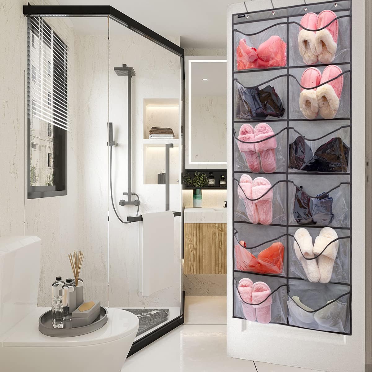 Skiennix Extra Large Shoe Organizer - 12 Clear Pockets for Bedroom & Bathroom Storage | Grey